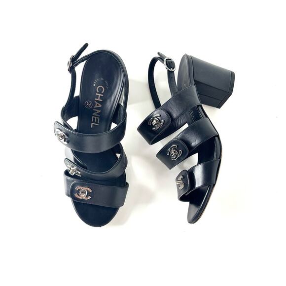 Chanel CC Logo Turnlock Black Leather Platform Heel Sandals 36.5 - Picture 1 of 8